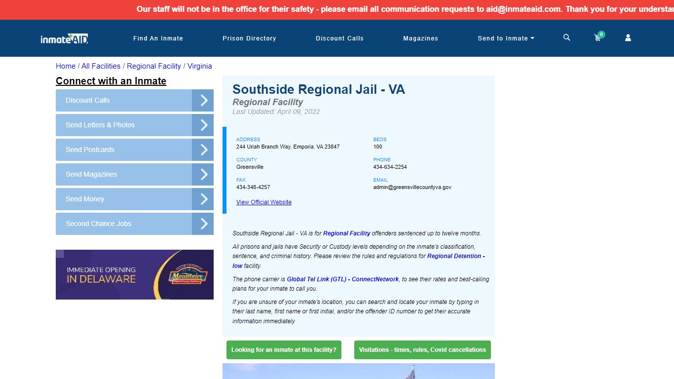 Southside Regional Jail - VA & Inmate Search - Emporia, VA