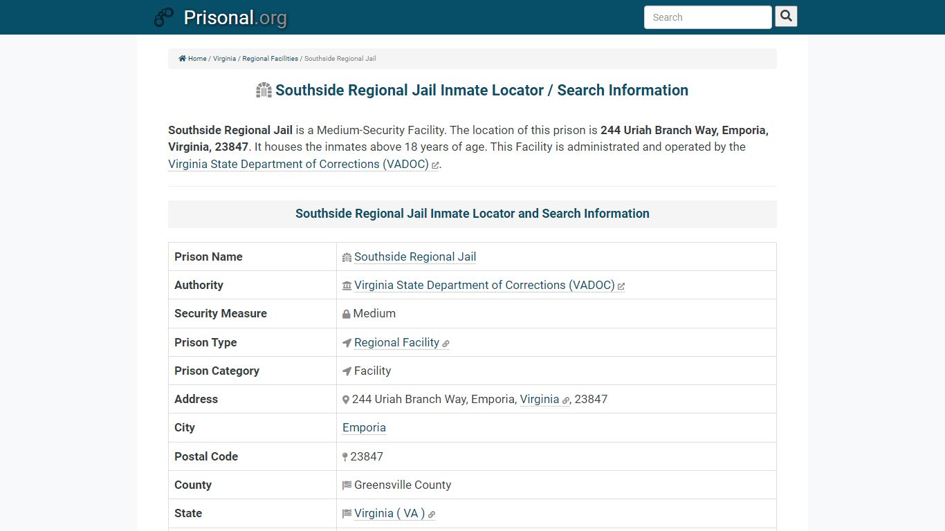 Southside Regional Jail-Inmate Locator/Search Info, Phone ...